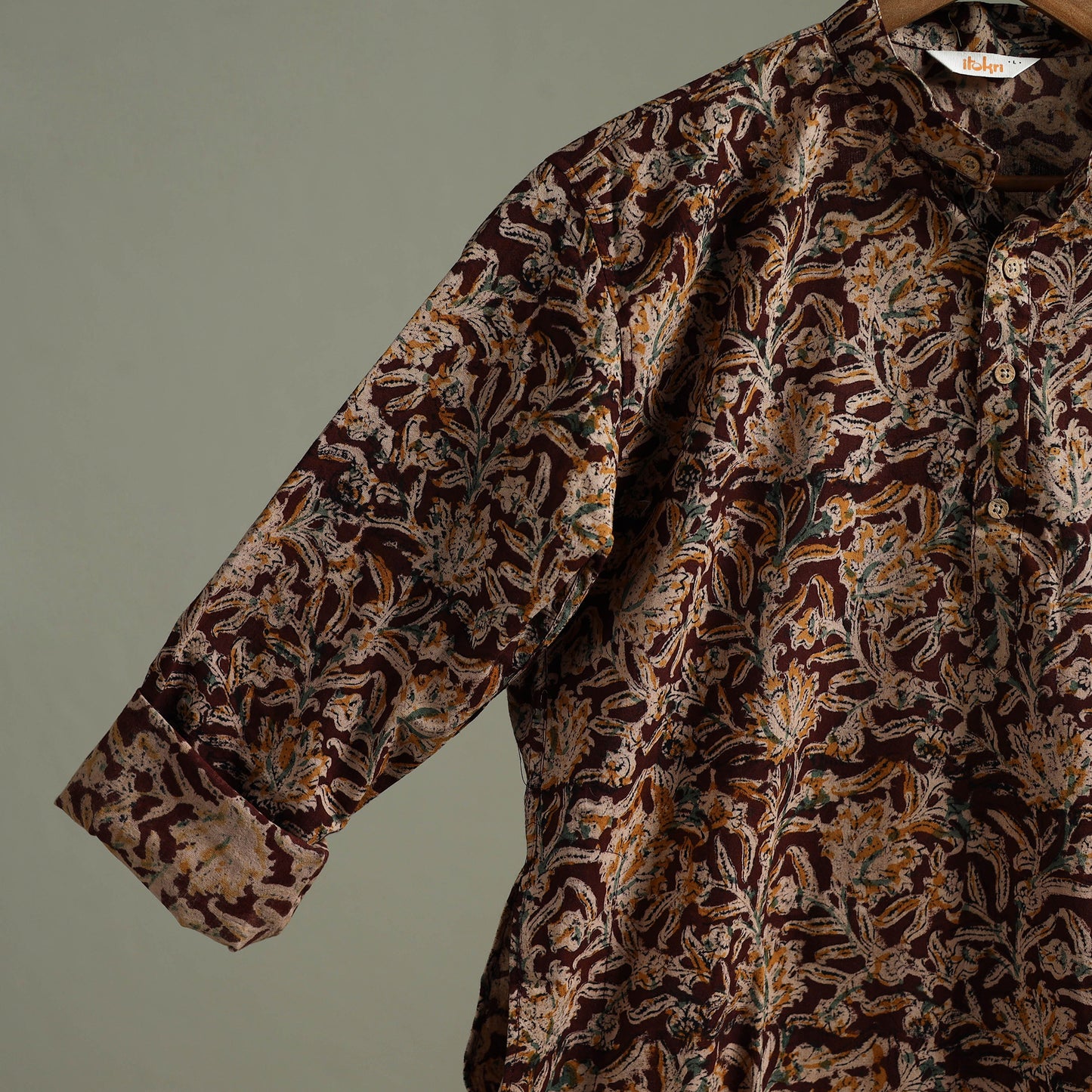Hand Block Print Natural Dyed Cotton Long Kalamkari Kurta for Men 15