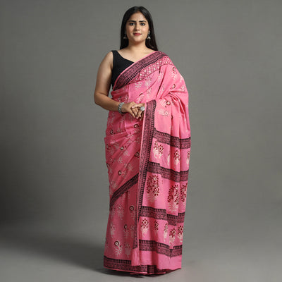 Pink - Nandana Dabu Block Printed Mul Cotton Saree 22