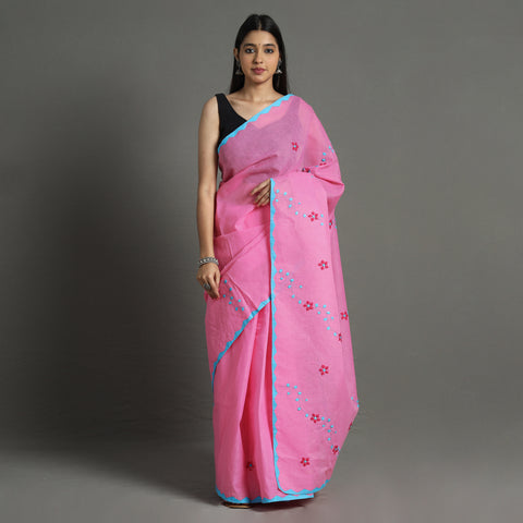 Pink - Applique Patti Kaam Pure Cotton Saree from Rampur 05