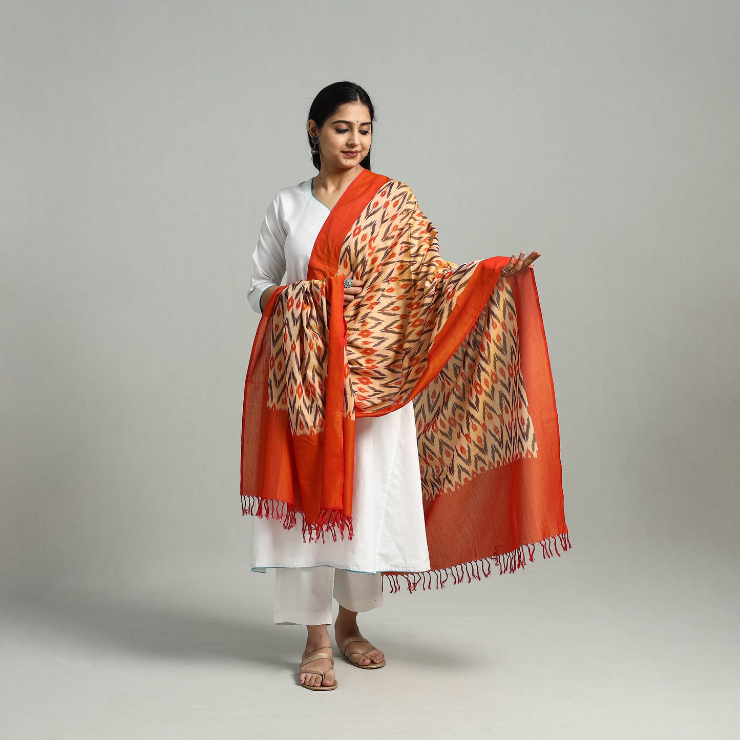 Orange - Handloom Mercerized Cotton Pochampally Ikat Dupatta 03