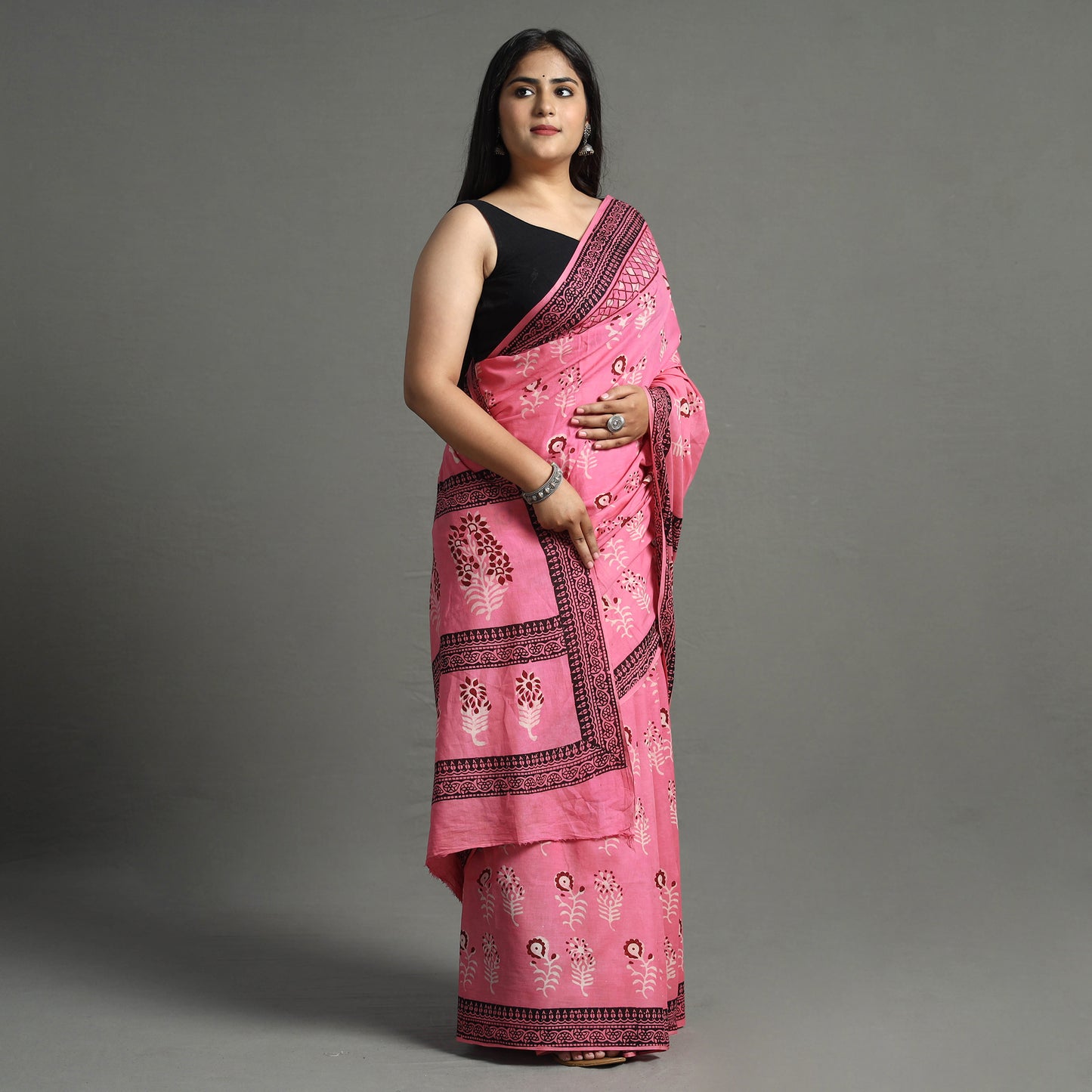 Pink - Nandana Dabu Block Printed Mul Cotton Saree 22