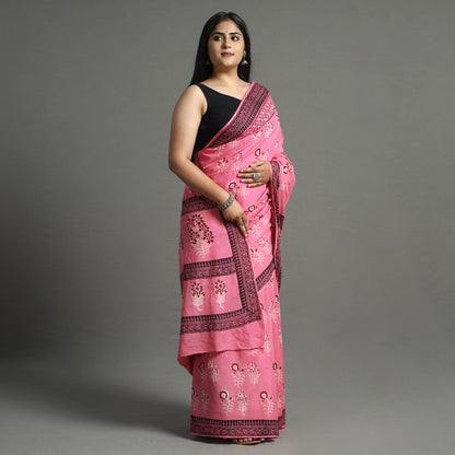 Pink - Nandana Dabu Block Printed Mul Cotton Saree 22