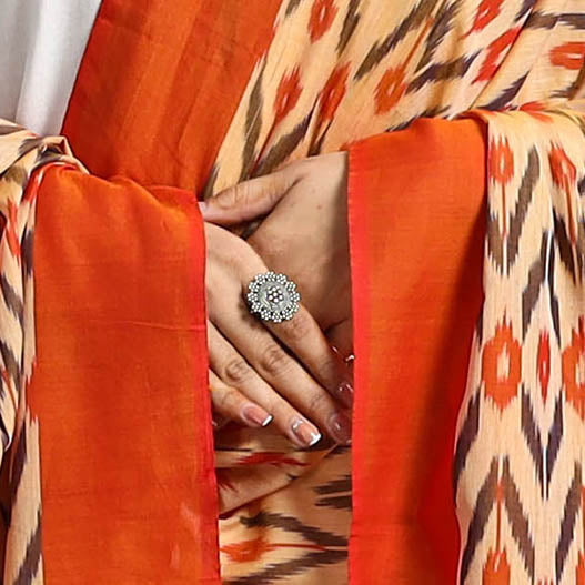 Orange - Handloom Mercerized Cotton Pochampally Ikat Dupatta 03