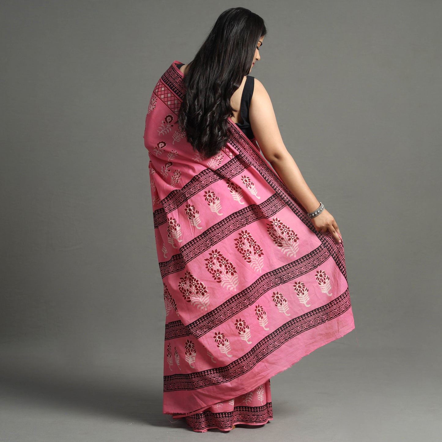 Pink - Nandana Dabu Block Printed Mul Cotton Saree 22