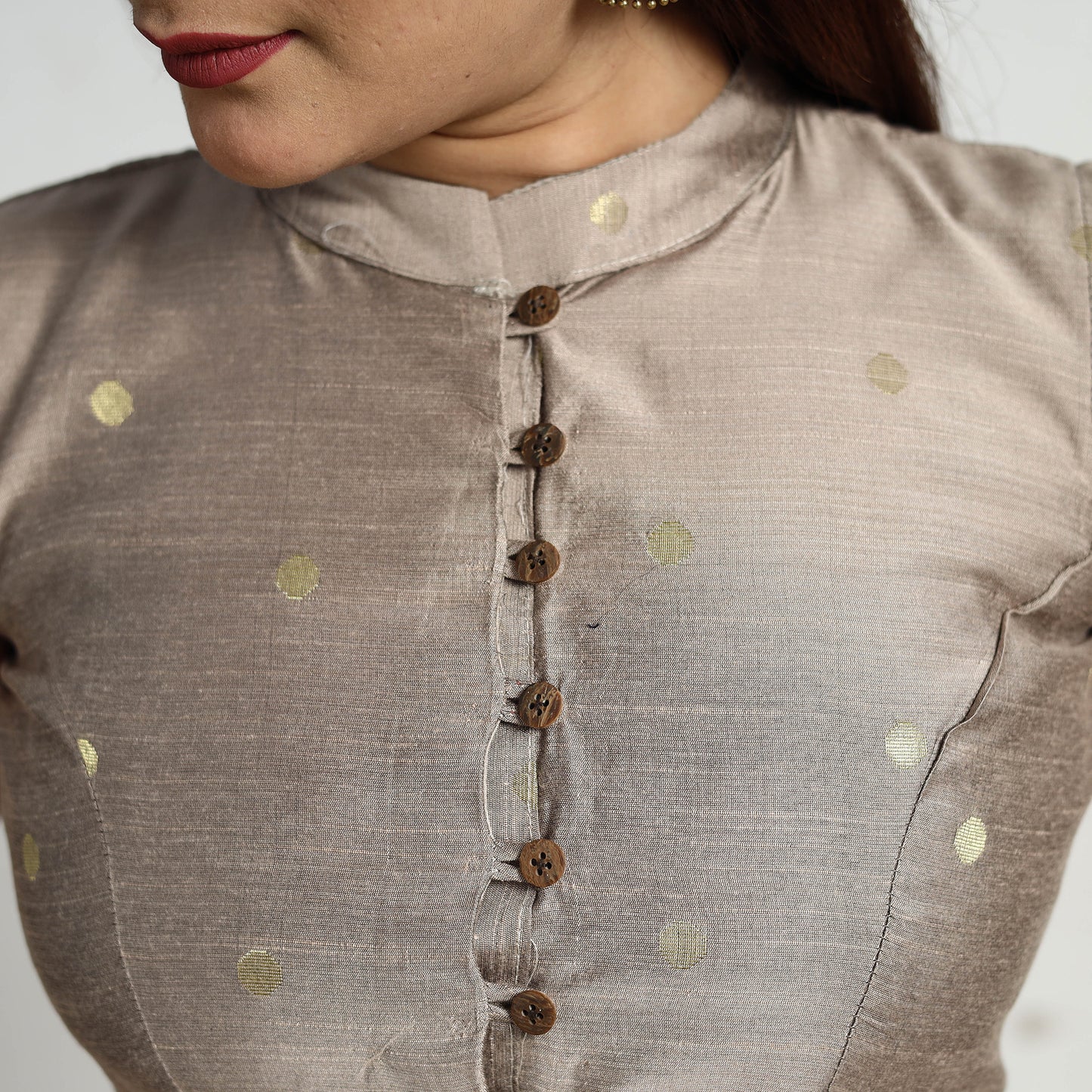 Brown - Polka Dot Zari Buti Silk Stitched Plain Blouse 01