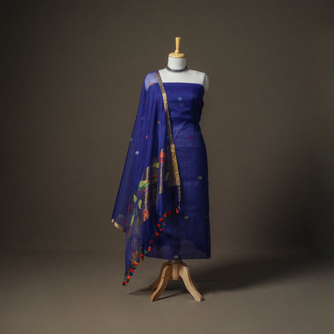 Blue - Jamdani Pure Handloom Muslin Unstitched Dress Material: Kurta with Dupatta 07
