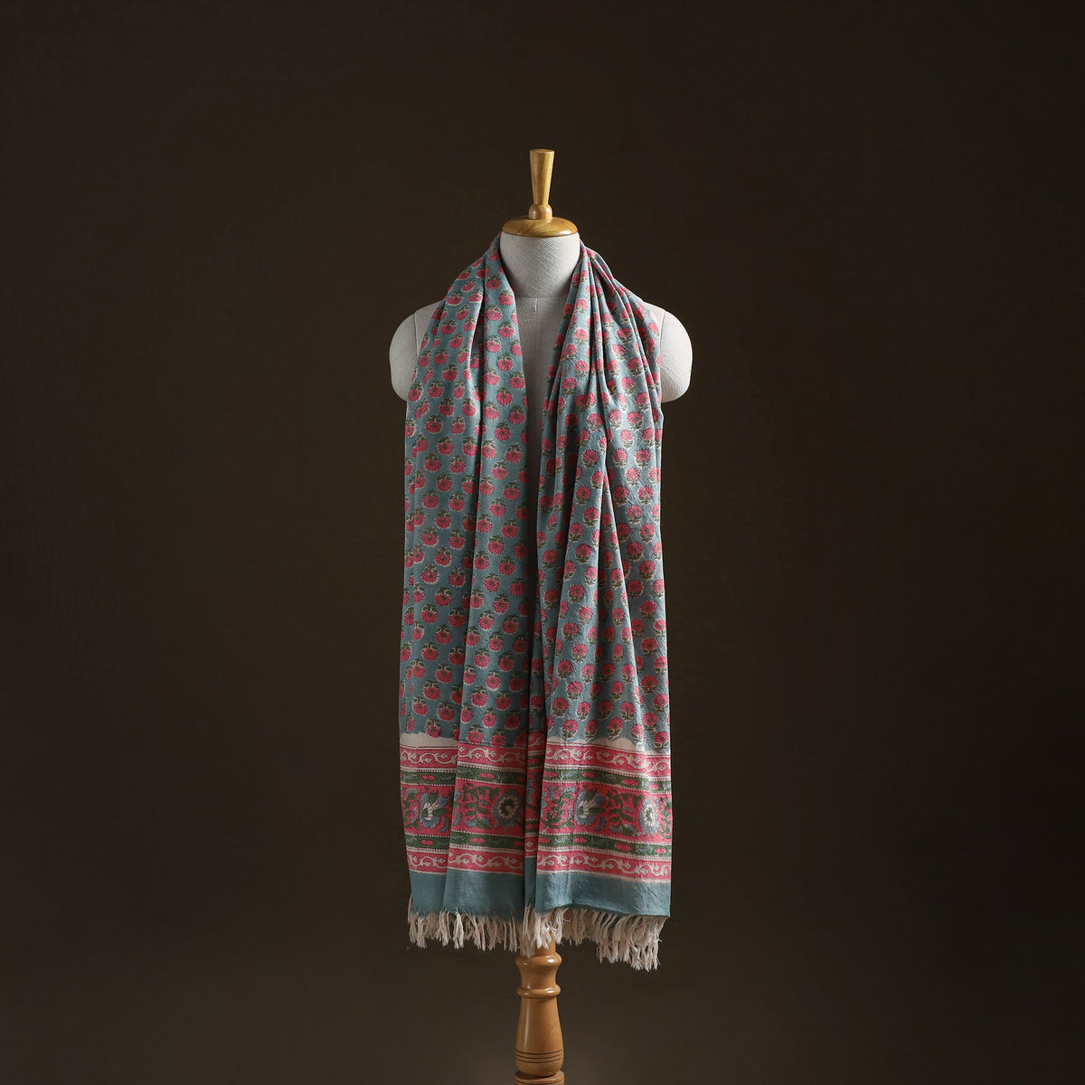 Floral Sanganeri Print Pure Merino Wool Handwoven Shawl 60