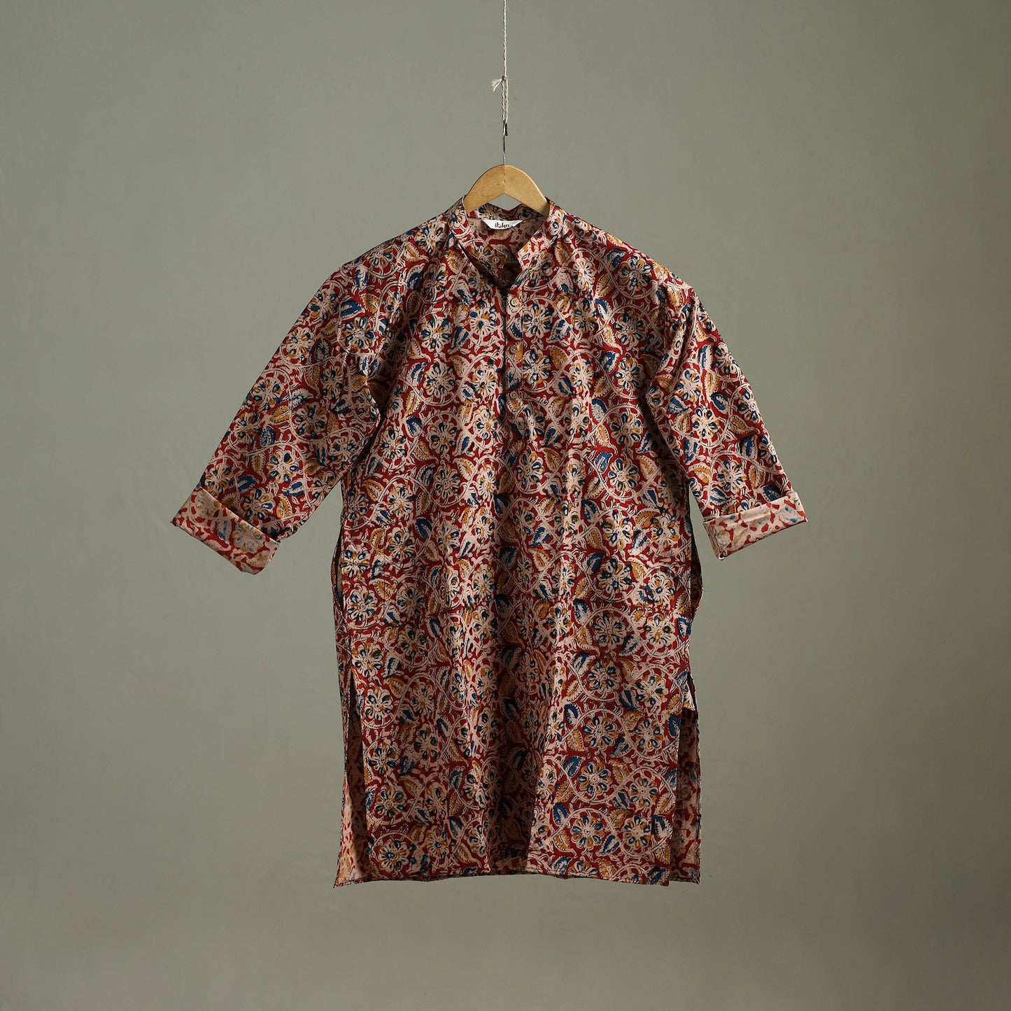 Hand Block Print Natural Dyed Cotton Long Kalamkari Kurta for Men 16