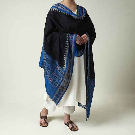 Black - Sambalpuri Ikat Weave Handloom Plain Cotton Dupatta