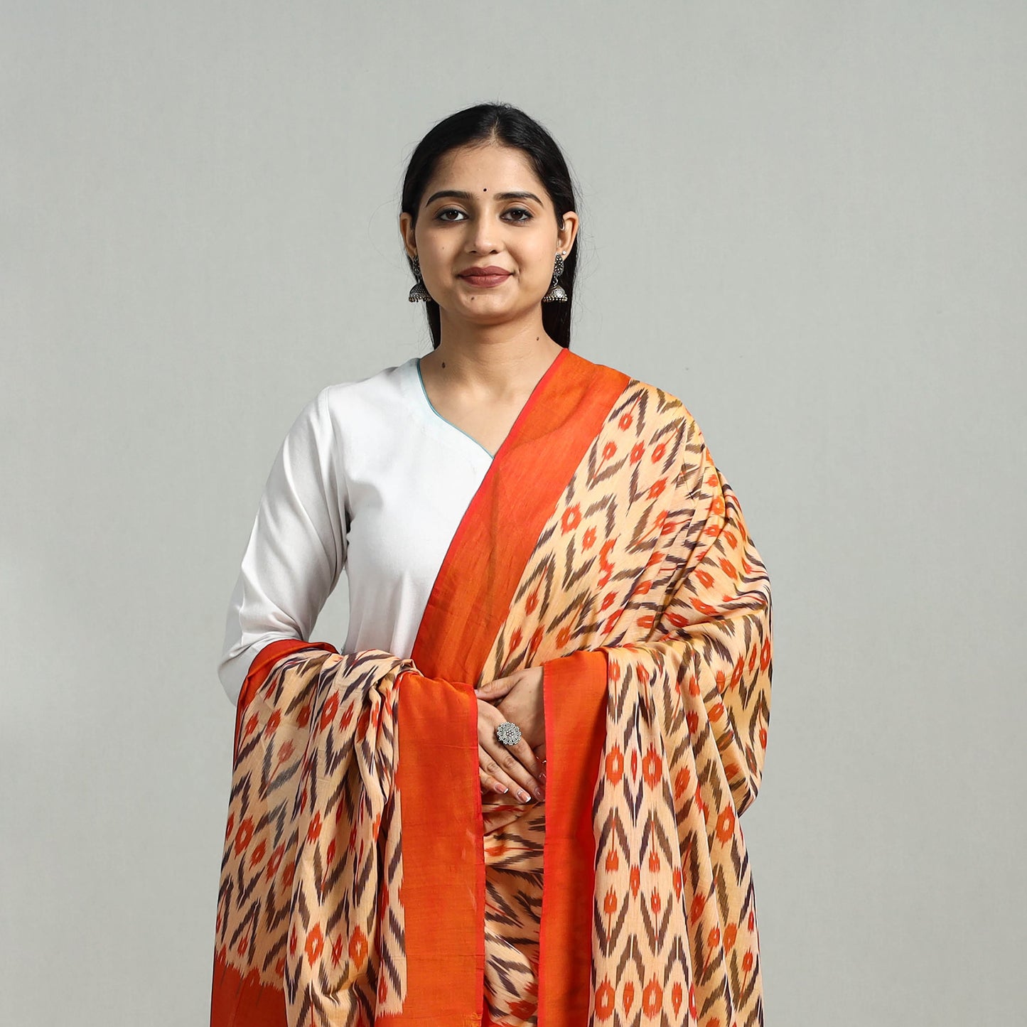 Orange - Handloom Mercerized Cotton Pochampally Ikat Dupatta 03