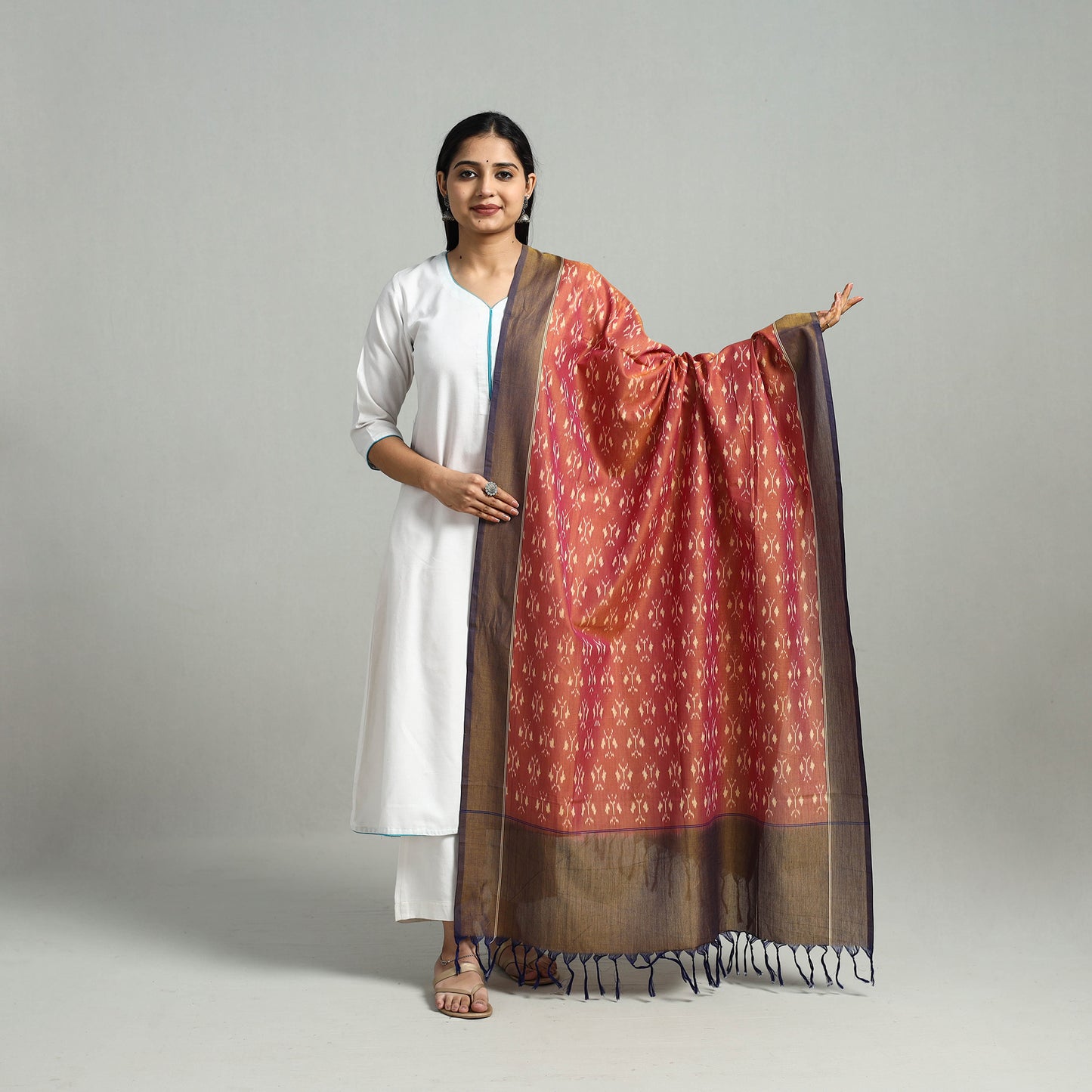 Brown - Handloom Mercerized Cotton Pochampally Ikat Dupatta 04