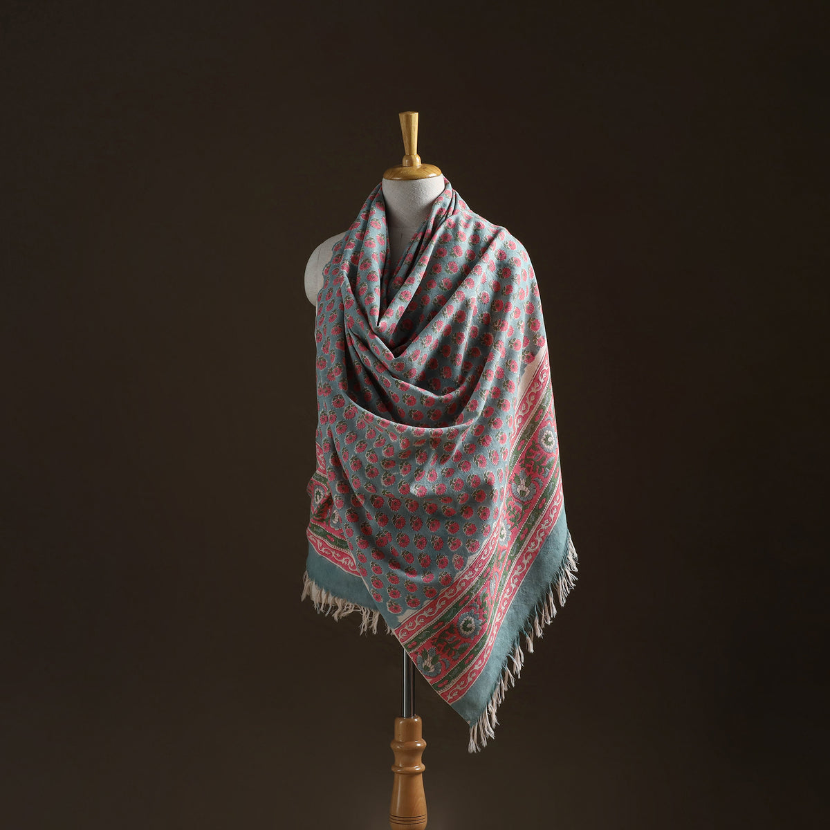 Floral Sanganeri Print Pure Merino Wool Handwoven Shawl 60