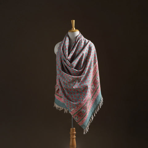 Floral sanganeri print pure merino wool handwoven shawl 60
