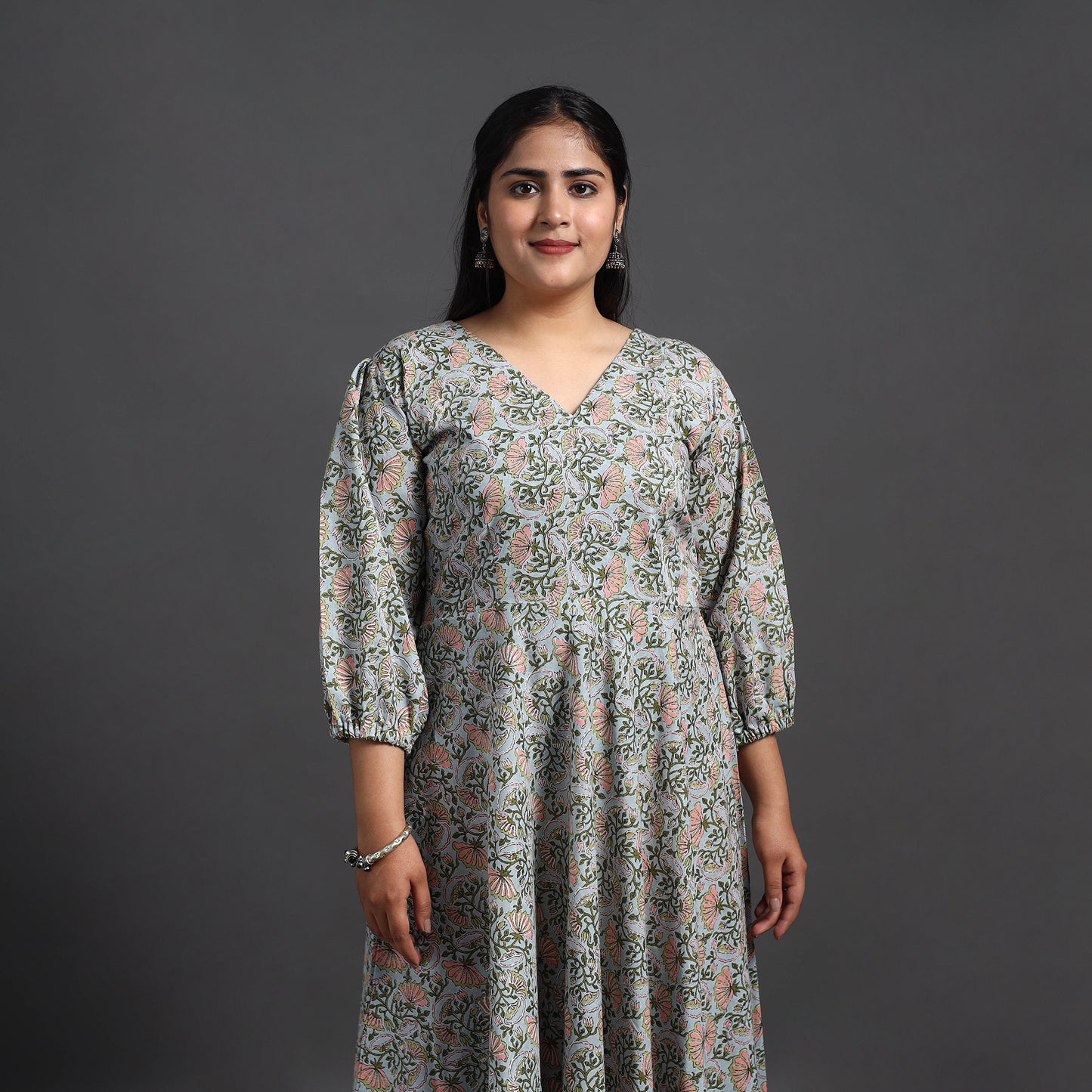 Blue - Flared Cotton Jaipur Print Dress 15