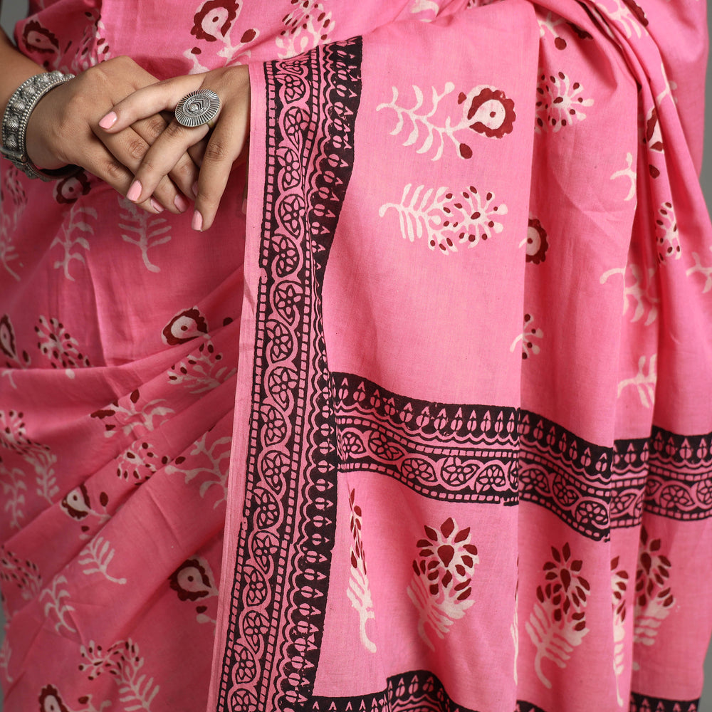 Pink - Nandana Dabu Block Printed Mul Cotton Saree 22