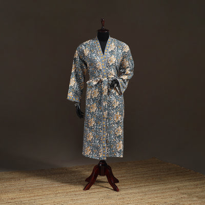 Sanganeri Hand Block Print Waffle Weave Cotton Bath Robe 34