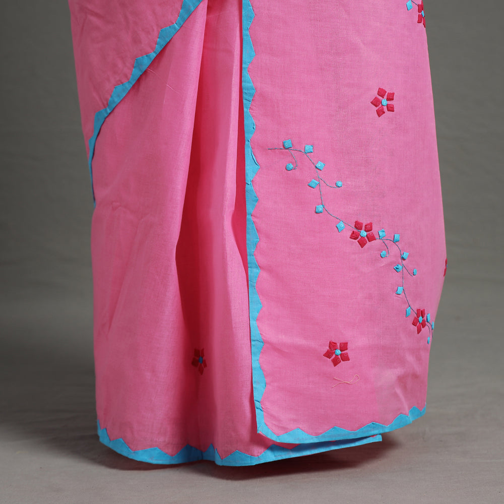 Pink - Applique Patti Kaam Pure Cotton Saree from Rampur 05