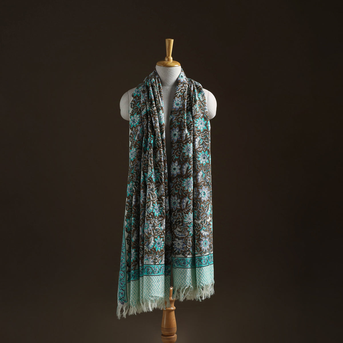 Floral Sanganeri Print Pure Merino Wool Handwoven Shawl 61