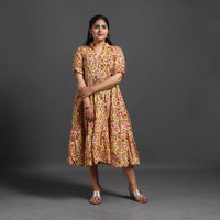 Yellow - Tiered Cotton Block Print Sanganeri Dress 03