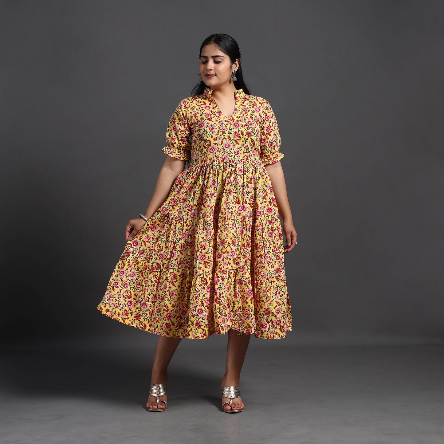 Yellow - Tiered Cotton Block Print Sanganeri Dress 03