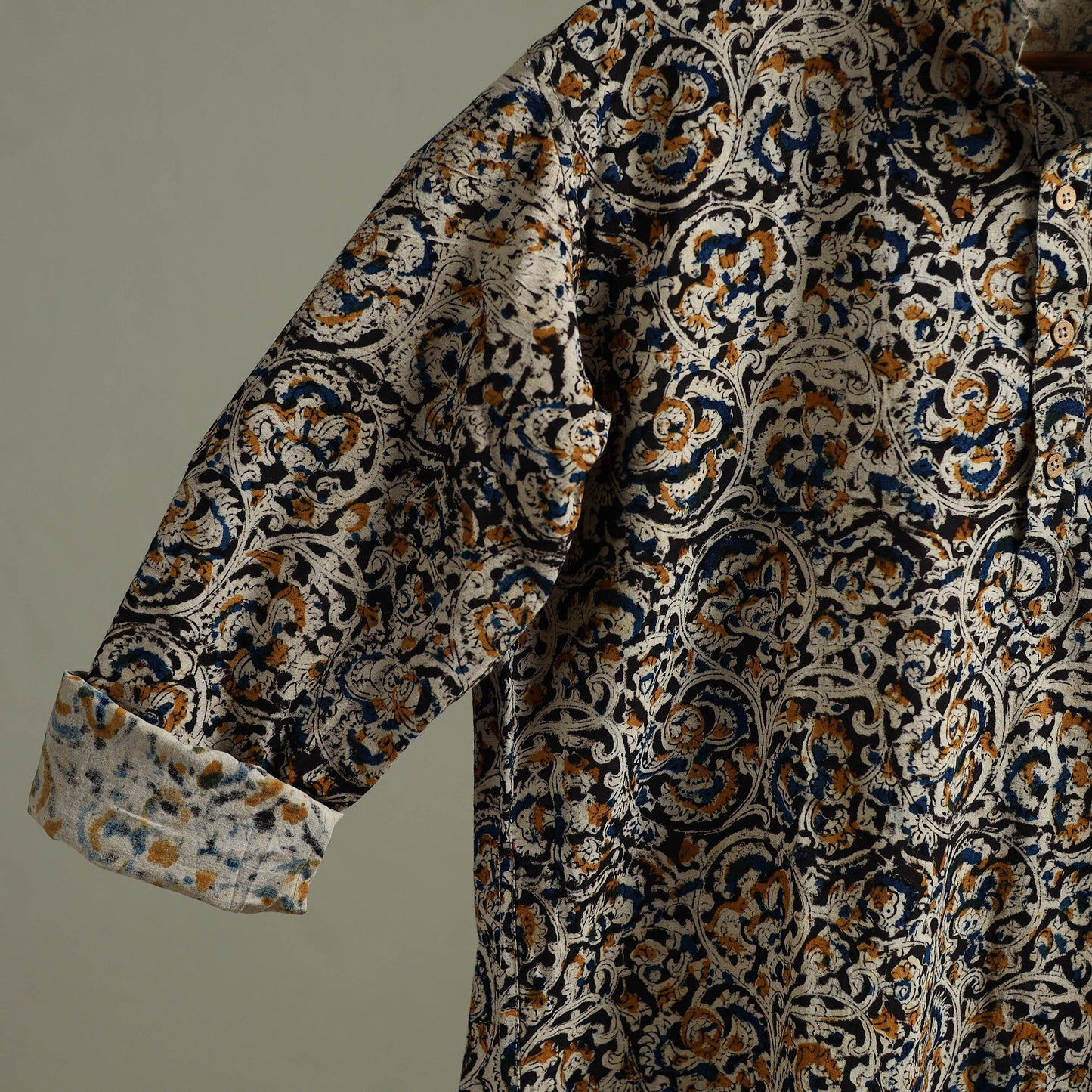 Hand Block Print Natural Dyed Cotton Short Kalamkari Kurta for Men 04