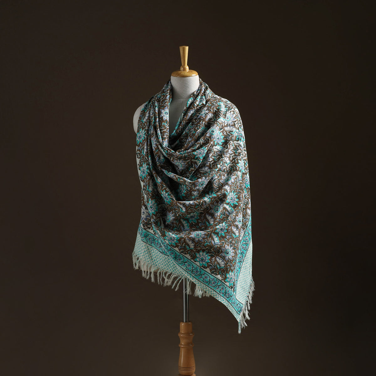 Floral Sanganeri Print Pure Merino Wool Handwoven Shawl 61