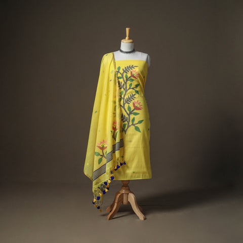 Yellow - Jamdani Pure Handloom Muslin Unstitched Dress Material: Kurta with Dupatta 09