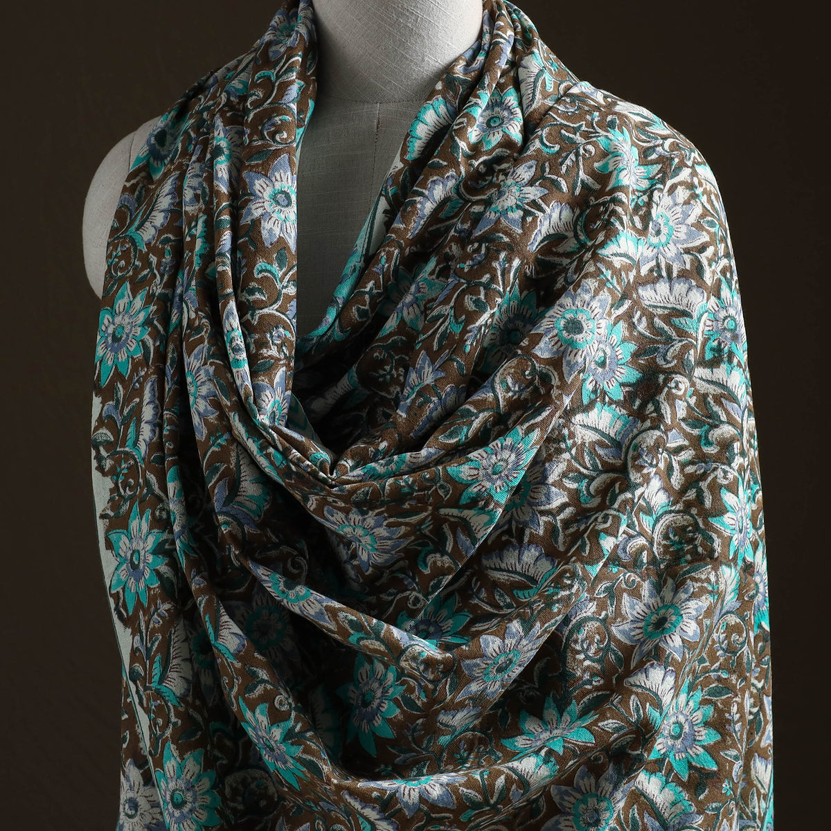 Floral Sanganeri Print Pure Merino Wool Handwoven Shawl 61