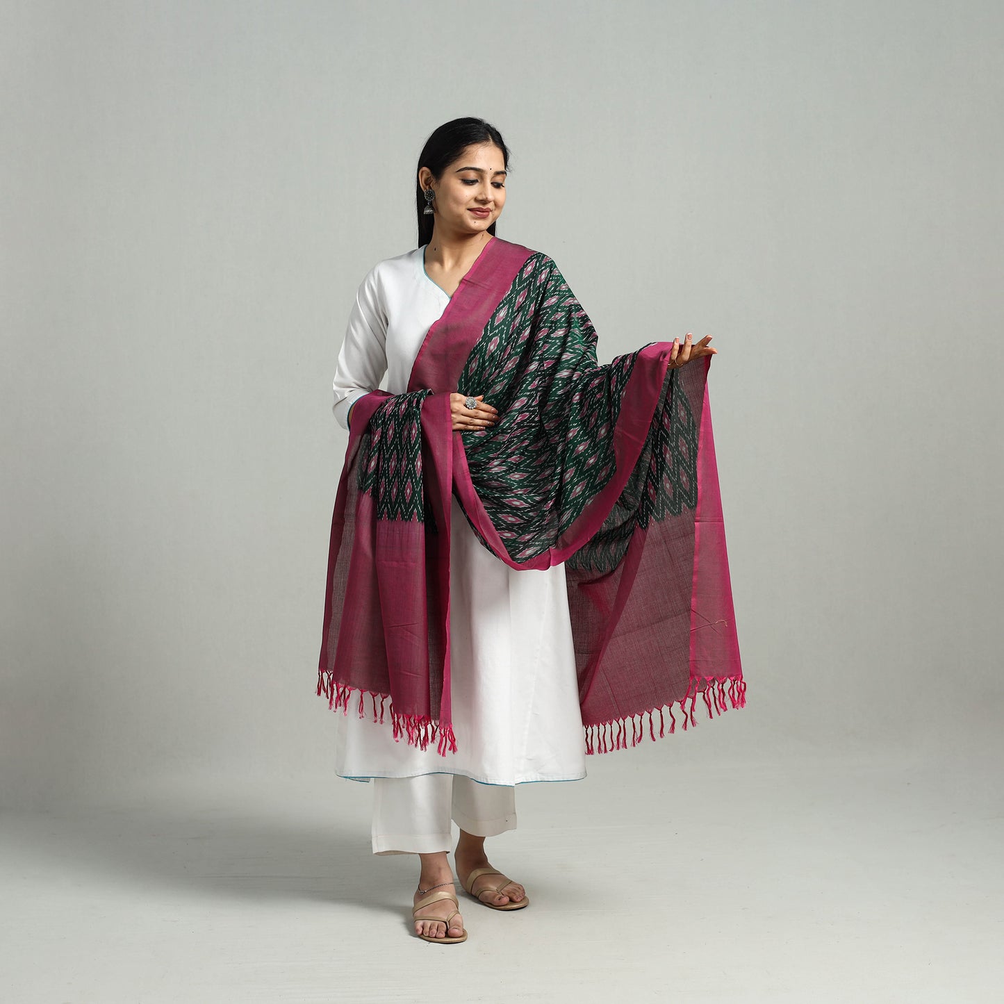 Green - Handloom Mercerized Cotton Pochampally Ikat Dupatta 06