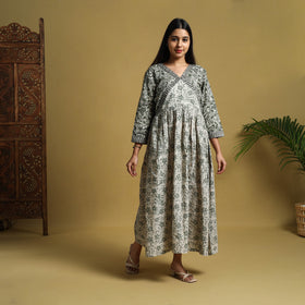 Grey - Flared Cotton Batik Print Dress 01