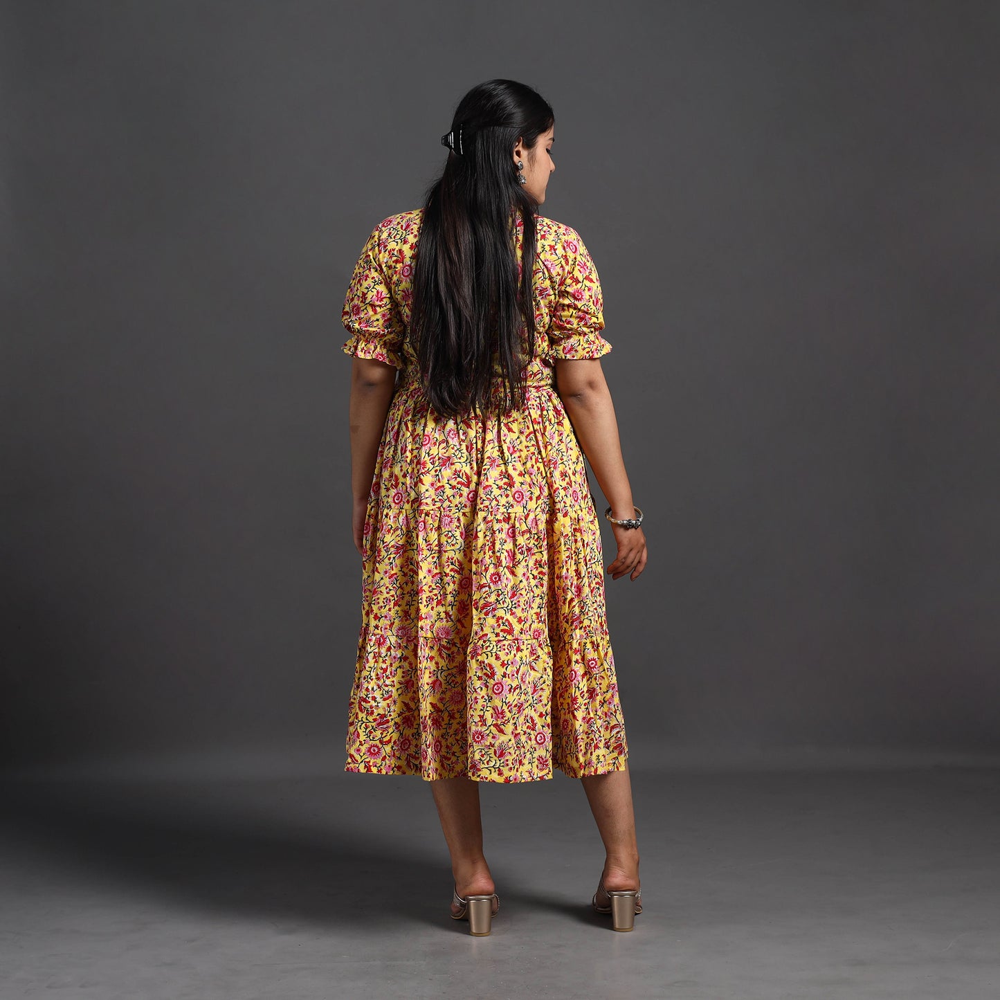 Yellow - Tiered Cotton Block Print Sanganeri Dress 03