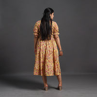 Yellow - Tiered Cotton Block Print Sanganeri Dress 03