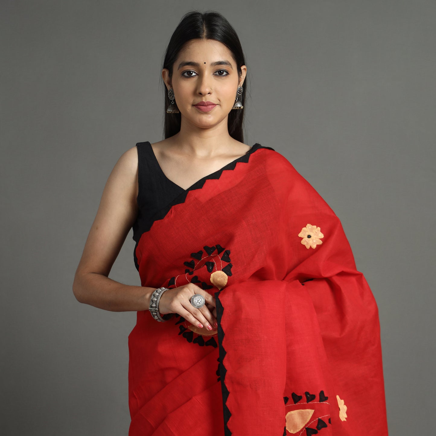 Red - Applique Patti Kaam Pure Cotton Saree from Rampur 03