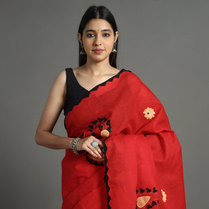 Red - Applique Patti Kaam Pure Cotton Saree from Rampur 03