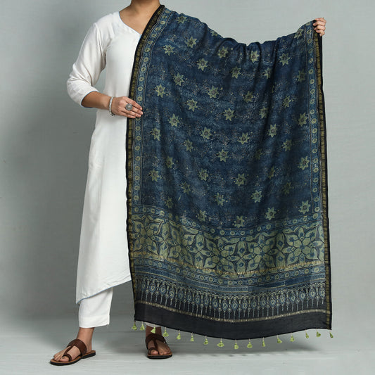 Blue - Ajrakh Hand Block Printed Chanderi Silk Handloom Dupatta with Tassels