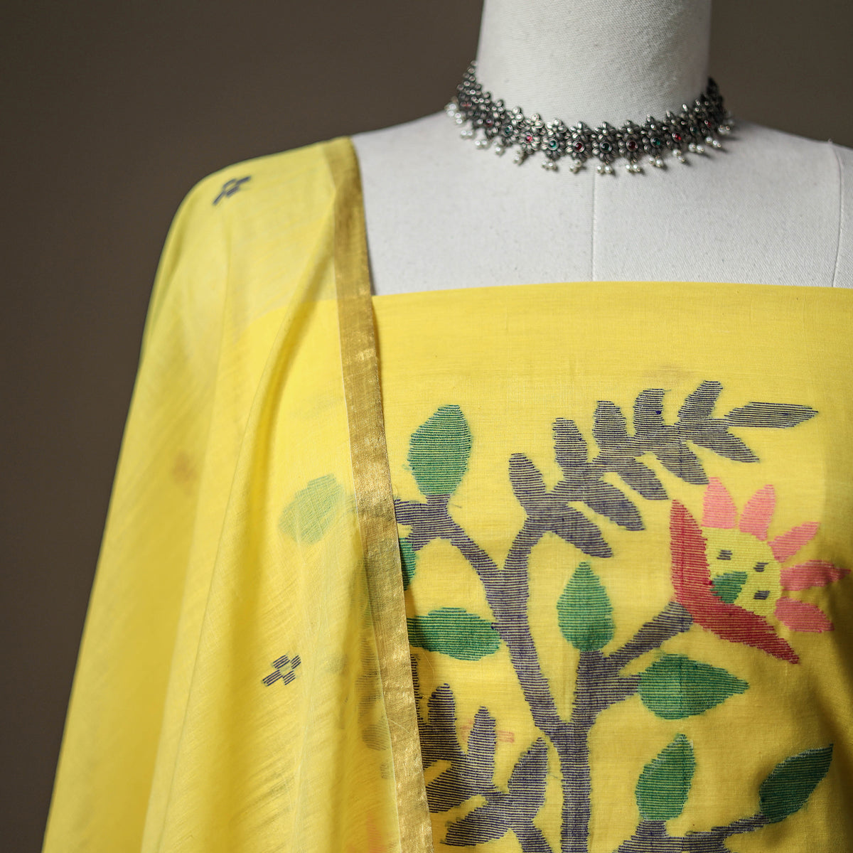 Yellow - jamdani pure handloom muslin unstitched dress