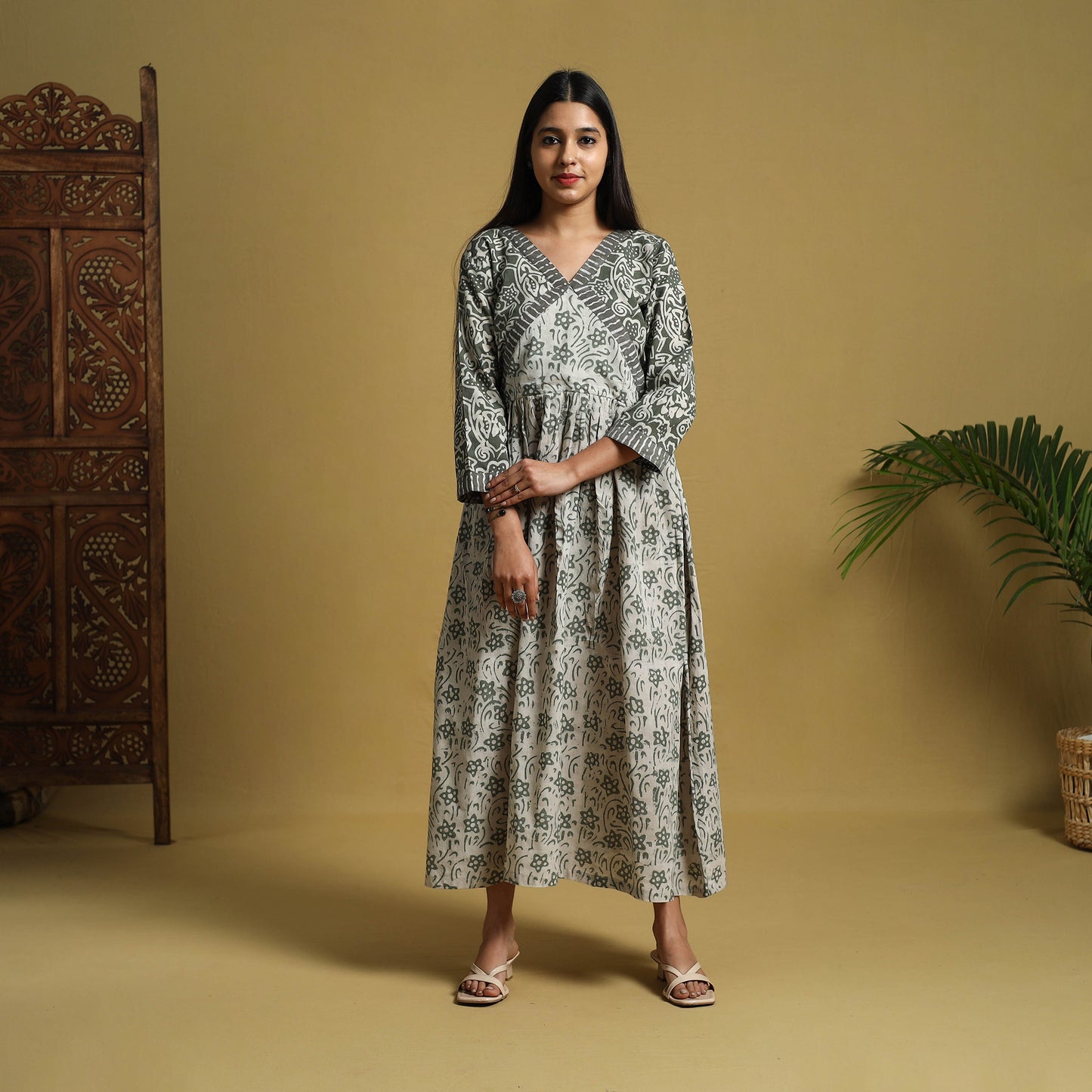 Grey - Flared Cotton Batik Print Dress 01