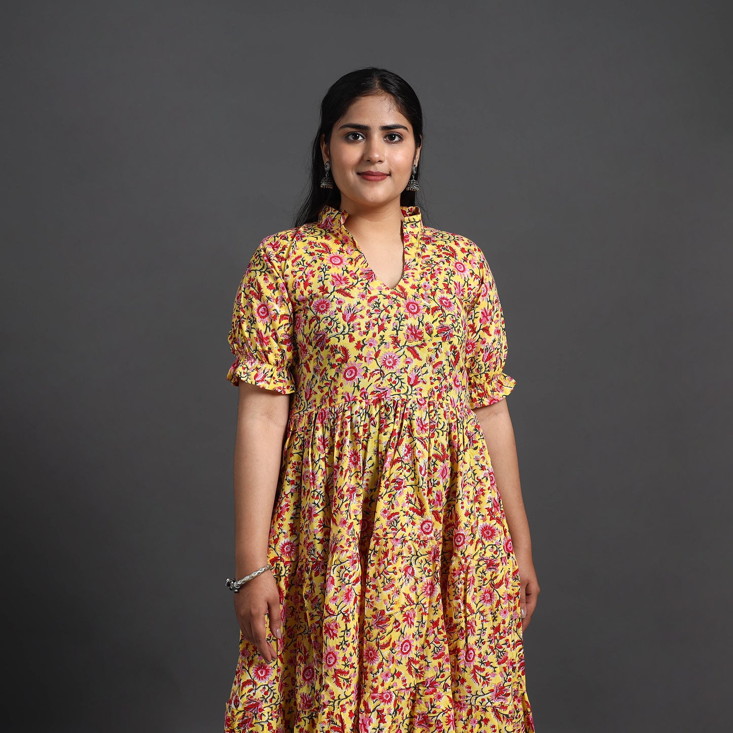 Yellow - Tiered Cotton Block Print Sanganeri Dress 03