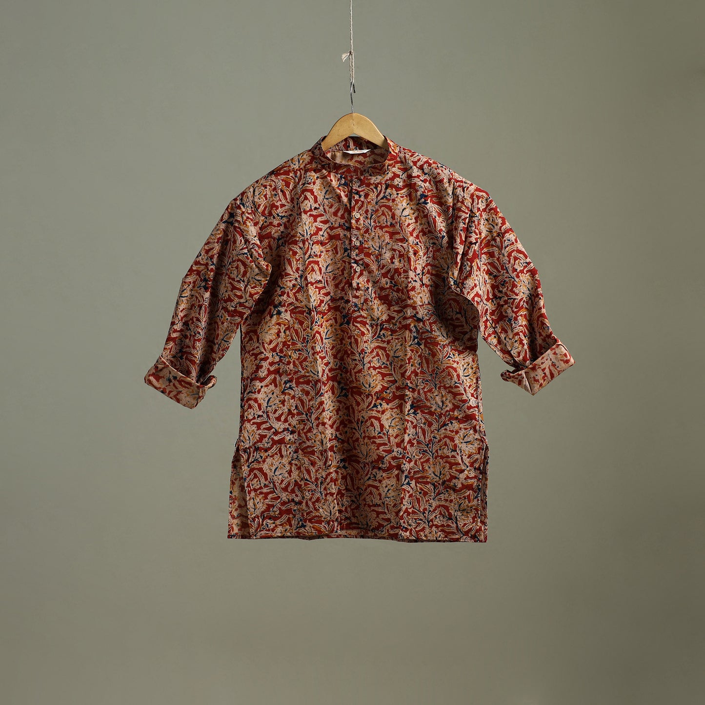 Hand Block Print Natural Dyed Cotton Short Kalamkari Kurta for Men 05