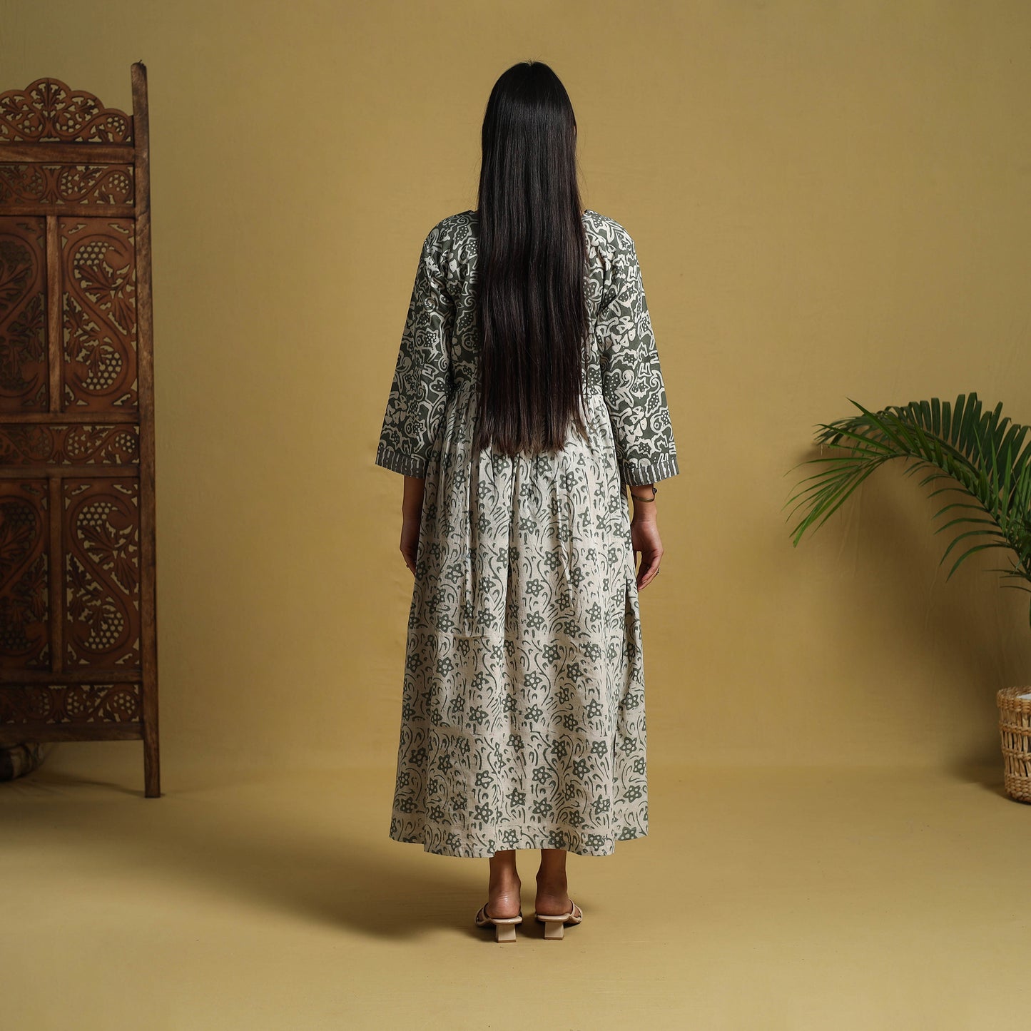 Grey - Flared Cotton Batik Print Dress 01