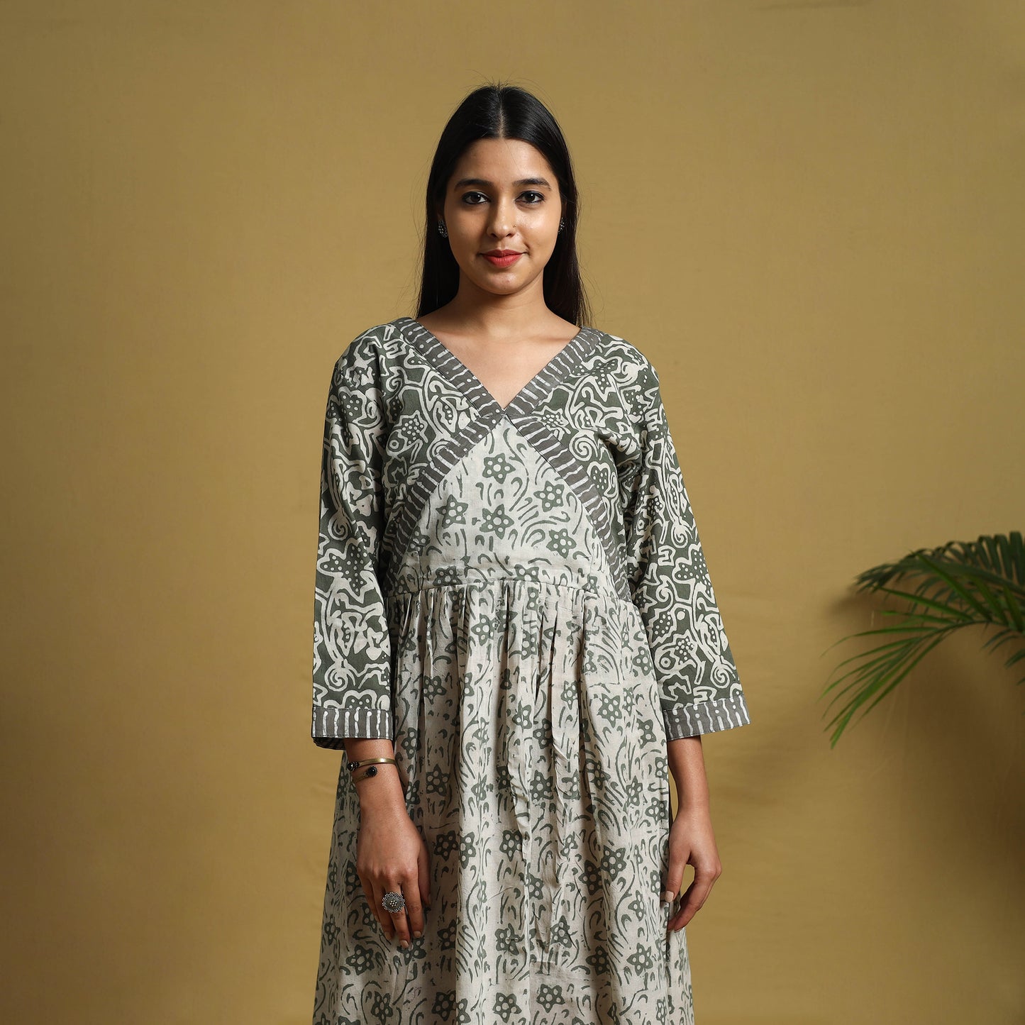 Grey - Flared Cotton Batik Print Dress 01