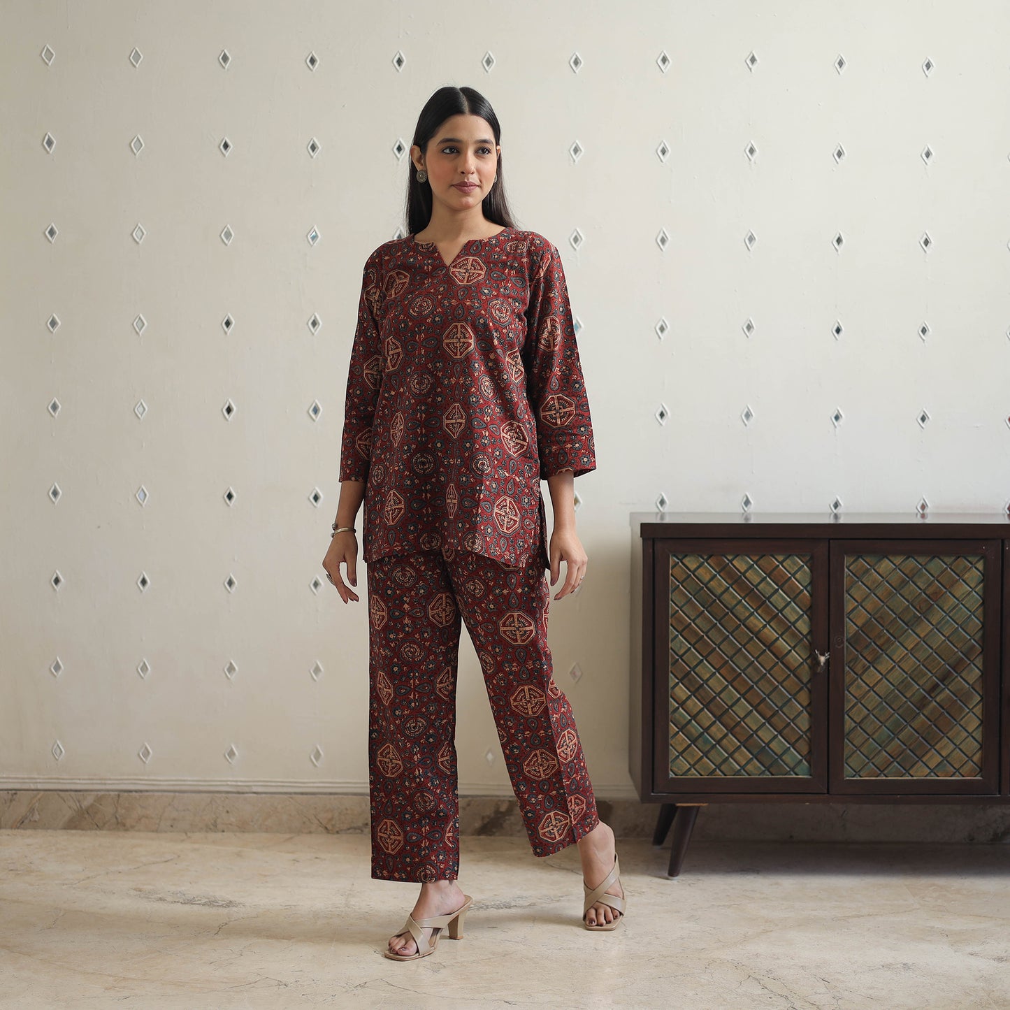 Red - Block Printed Cotton Ajrakh Co-ord Set 01