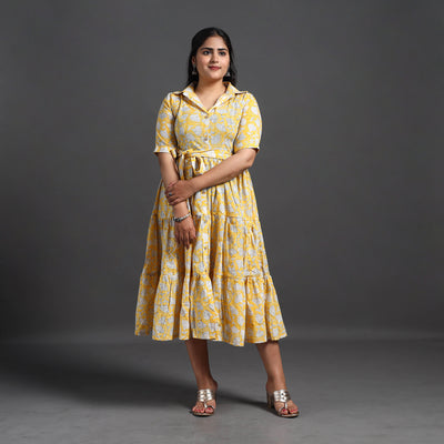 Buy Yellow Tiered Cotton Block Print Sanganeri Dress