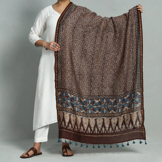Brown - Ajrakh Hand Block Printed Chanderi Silk Handloom Dupatta with Tassels