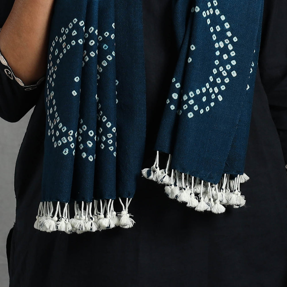 Blue - Kutch Handwoven Merino Wool Shibori & Bandhani Stole 10