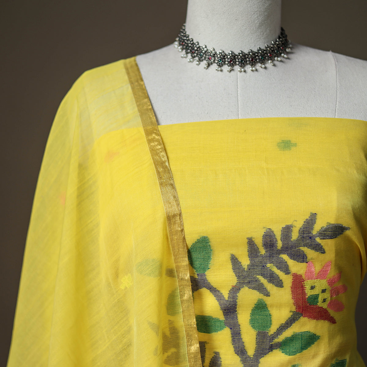 Yellow - jamdani pure handloom muslin unstitched dress