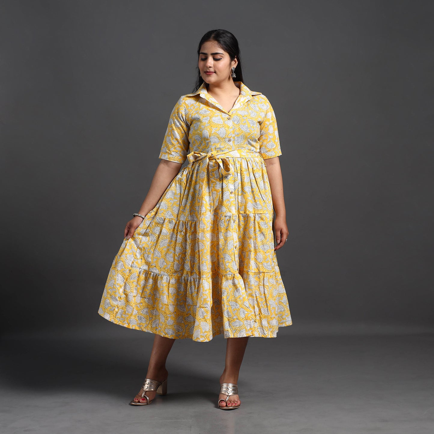 Buy Yellow Tiered Cotton Block Print Sanganeri Dress