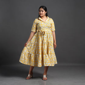 Buy Yellow Tiered Cotton Block Print Sanganeri Dress