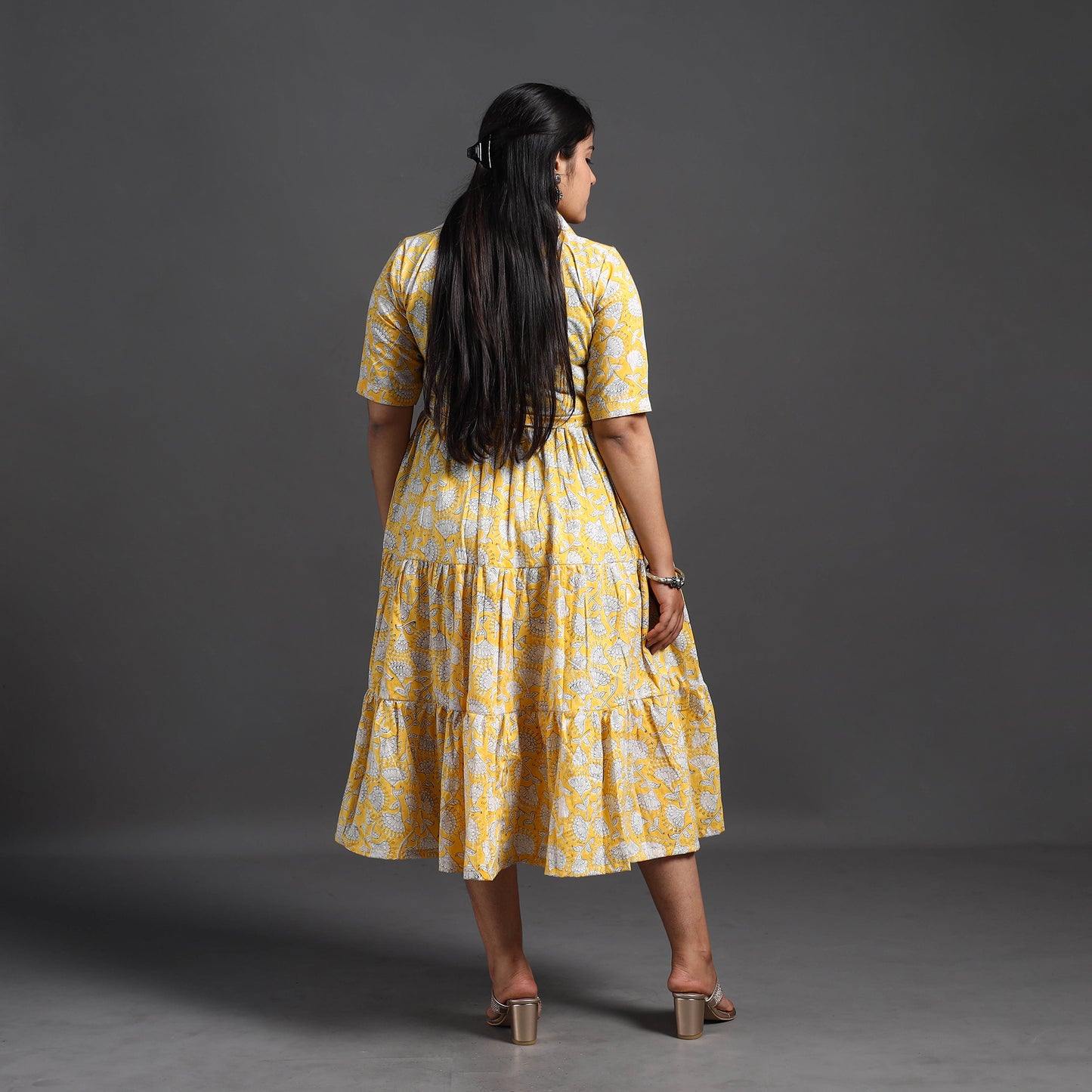 Buy Yellow Tiered Cotton Block Print Sanganeri Dress