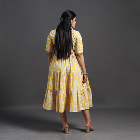 Buy Yellow Tiered Cotton Block Print Sanganeri Dress